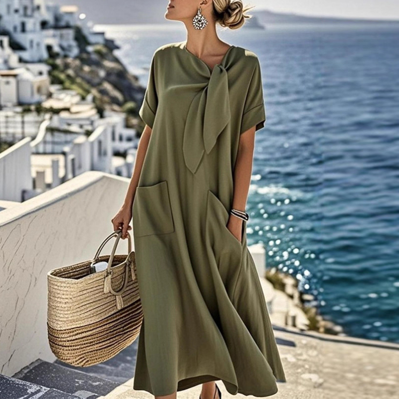 Plage vacances élégant à manches courtes vacances Maxi Robe femmes été nouveau ample poche robes de soirée pour les femmes Robe mi-longue Robe