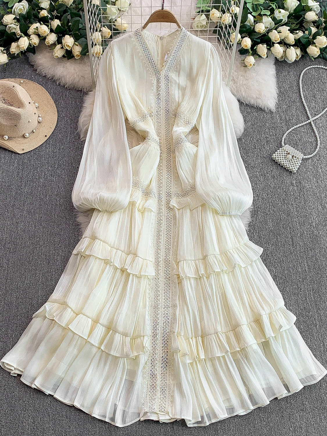 Neploe exquise français Vintage dentelle Ropa Mujer dentelle Patchwork col en V lanterne manches robe avancée brillante soie volants robes