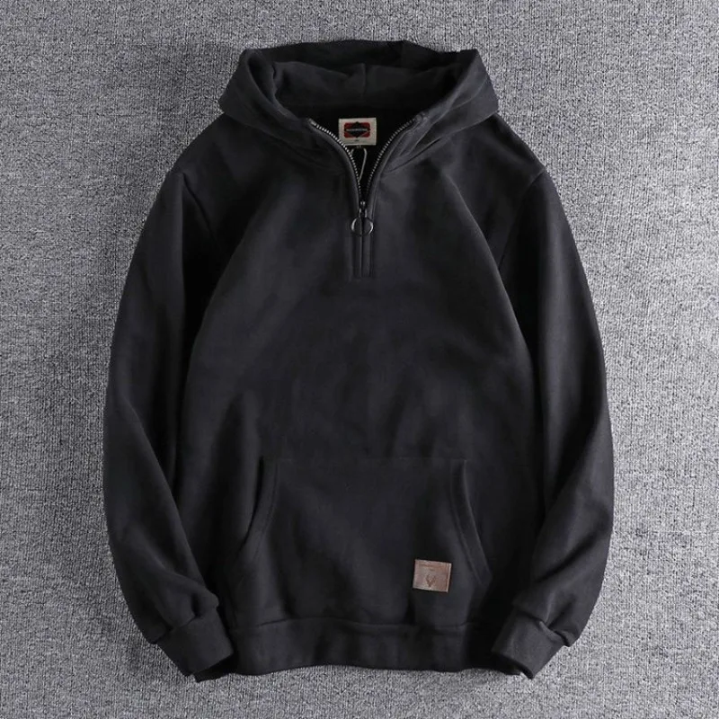 Sweat-shirt noir à demi-fermeture éclair pour homme, vêtement chaud, solide, polaire, Y2k, Vintage, haute qualité, Style coréen, ample