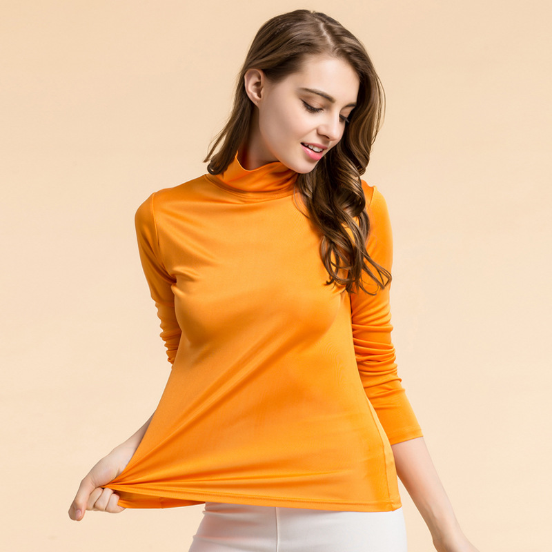 Printemps femmes soie col haut bas Blouse femmes pull à manches longues T-shirt mûrier soie tricot femmes haut 7047