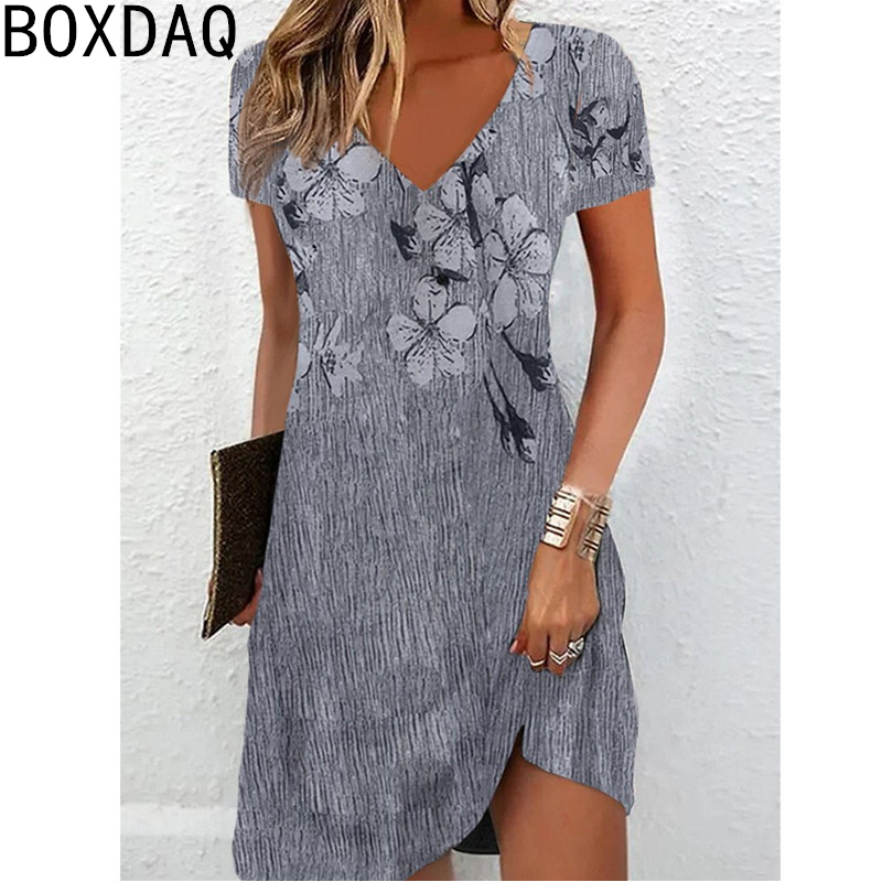 Robe d'été pour femmes, Vintage, imprimé Floral, Mini, col en v, manches courtes, décontractée, robes de vacances, robe surdimensionnée