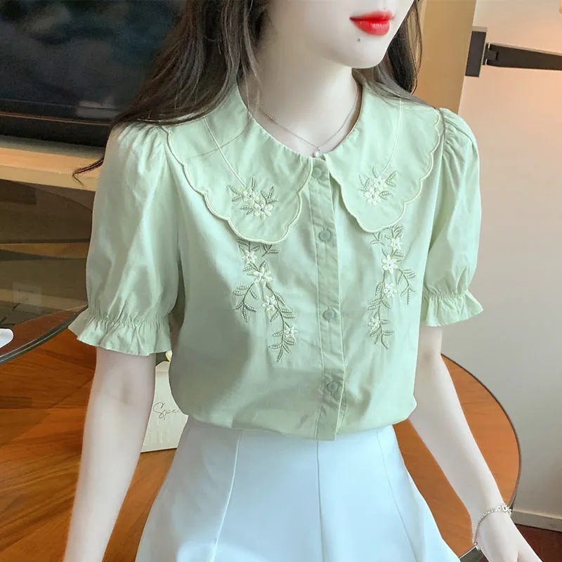 Chemisier Brodé à Manches Courtes pour Femme, Chemise Confortable, Solide, Document Polyvalent, Tempérament, Collection Printemps Été 2025