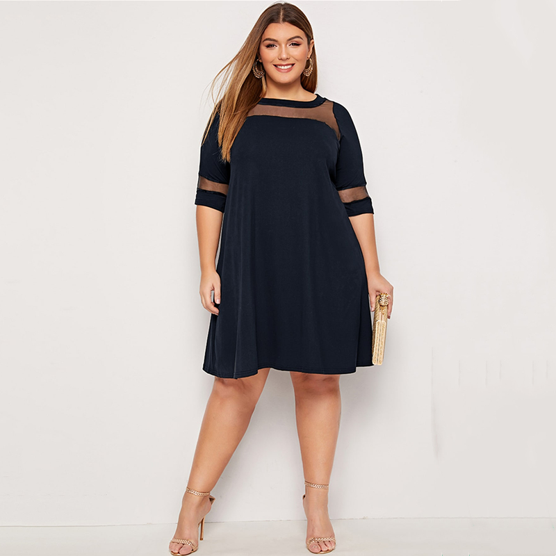 Robe trapèze élégante à demi-manches, grande taille, panneau en maille, couvertes et évasée, décontractée, travail, 5XL, 6XL, 7XL, printemps, automne