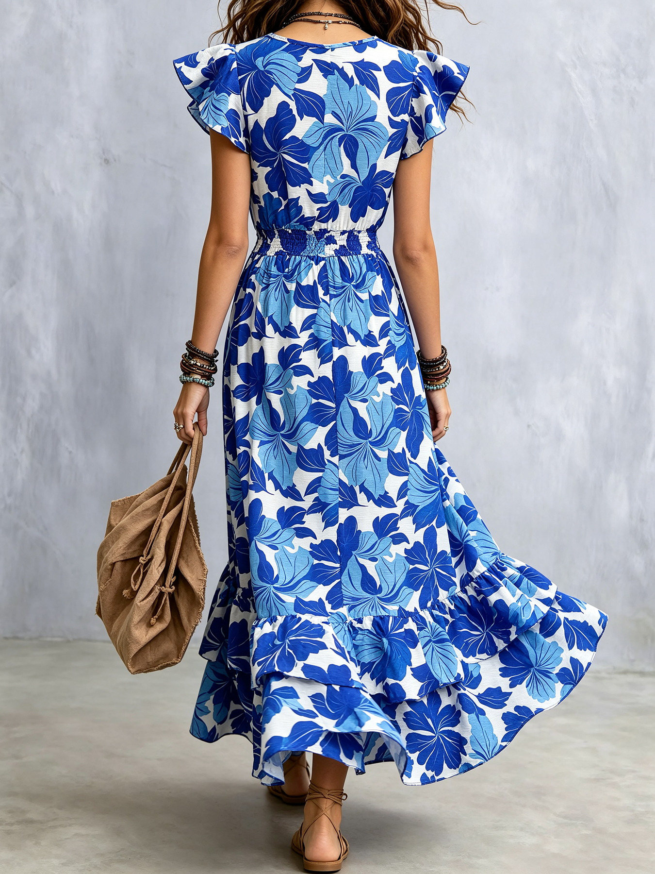 Robe maxi de vacances pour femmes, imprimé hibiscus bohème, col en V, manches courtes à volants, taille smockée