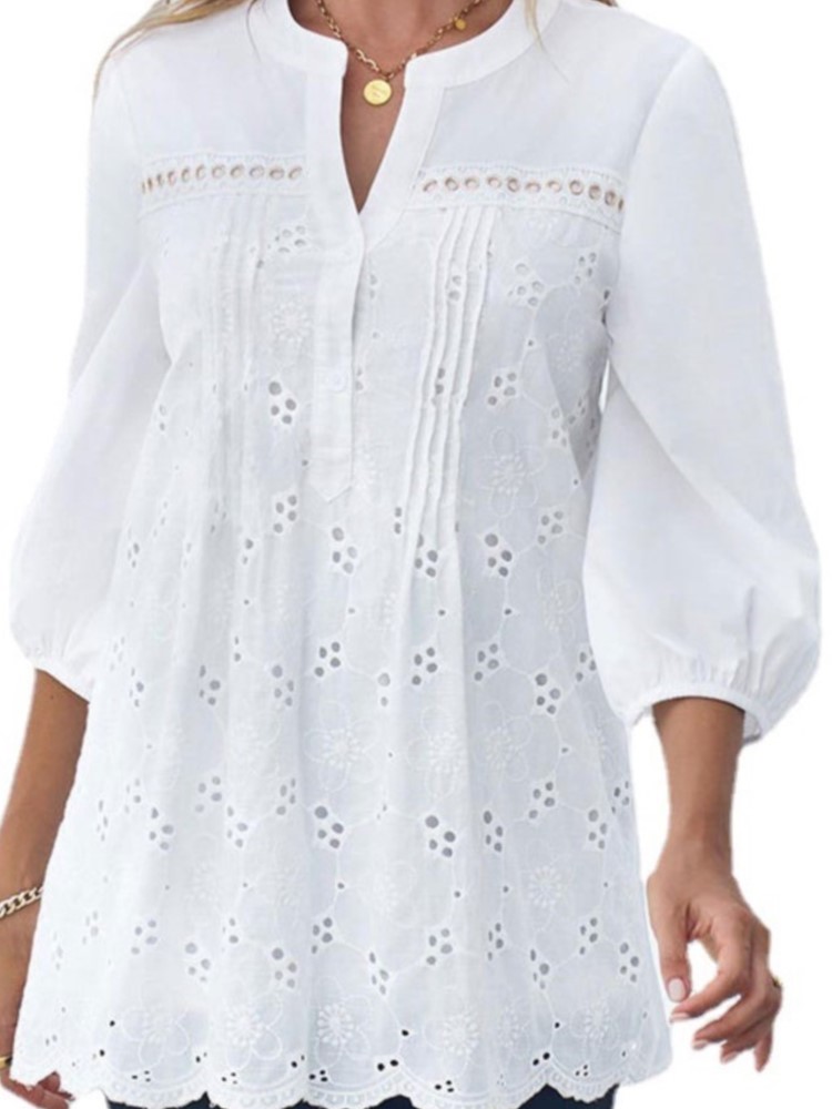 Pull à col en V évidé en dentelle blanche pour femmes, haut décontracté, chemise d'été élégante, vêtements de bureau, mode