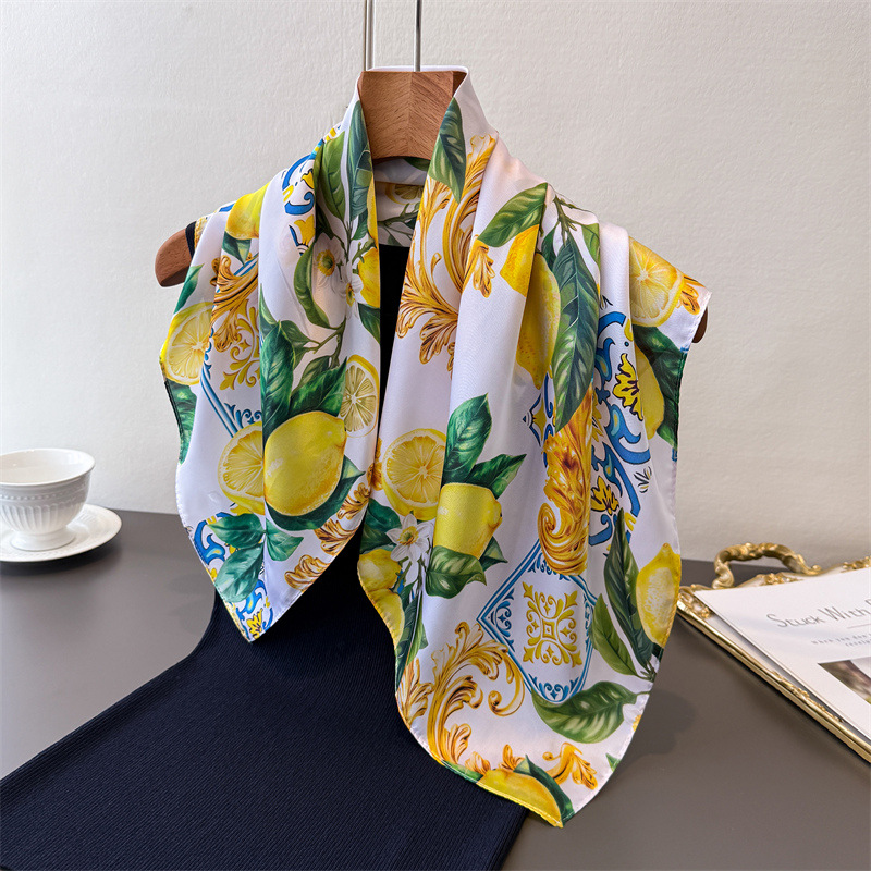Nouveau Foulard Carré Imprimé Citron 2026, en Satin Doux Imitation Soie, pour Femmes, Bandanas, Hijab, Foulard de Cou, Châle Élégant