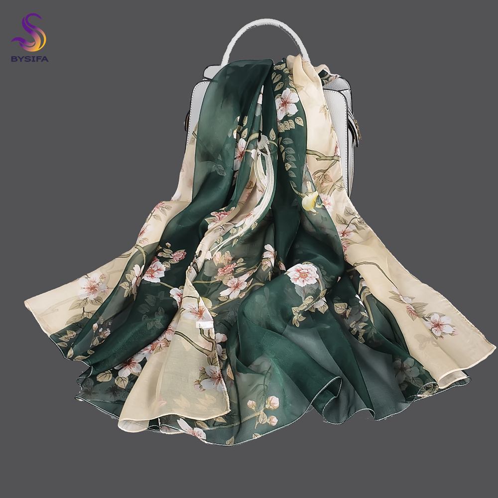 BYSIFA – foulard Long en mousseline de soie pour femme, vert, Beige, 100%, motif Floral, châle de plage
