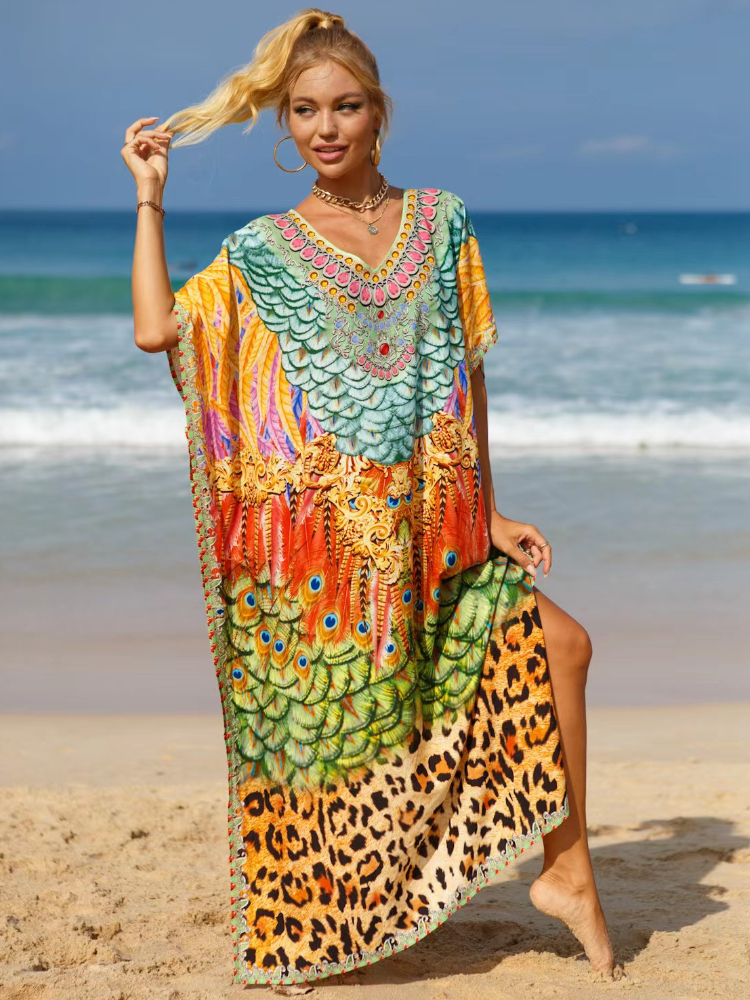 Robe caftan à imprimé tropical pour femme, vêtement de plage, élégant, maxi, pour les vacances, offre spéciale, livraison directe