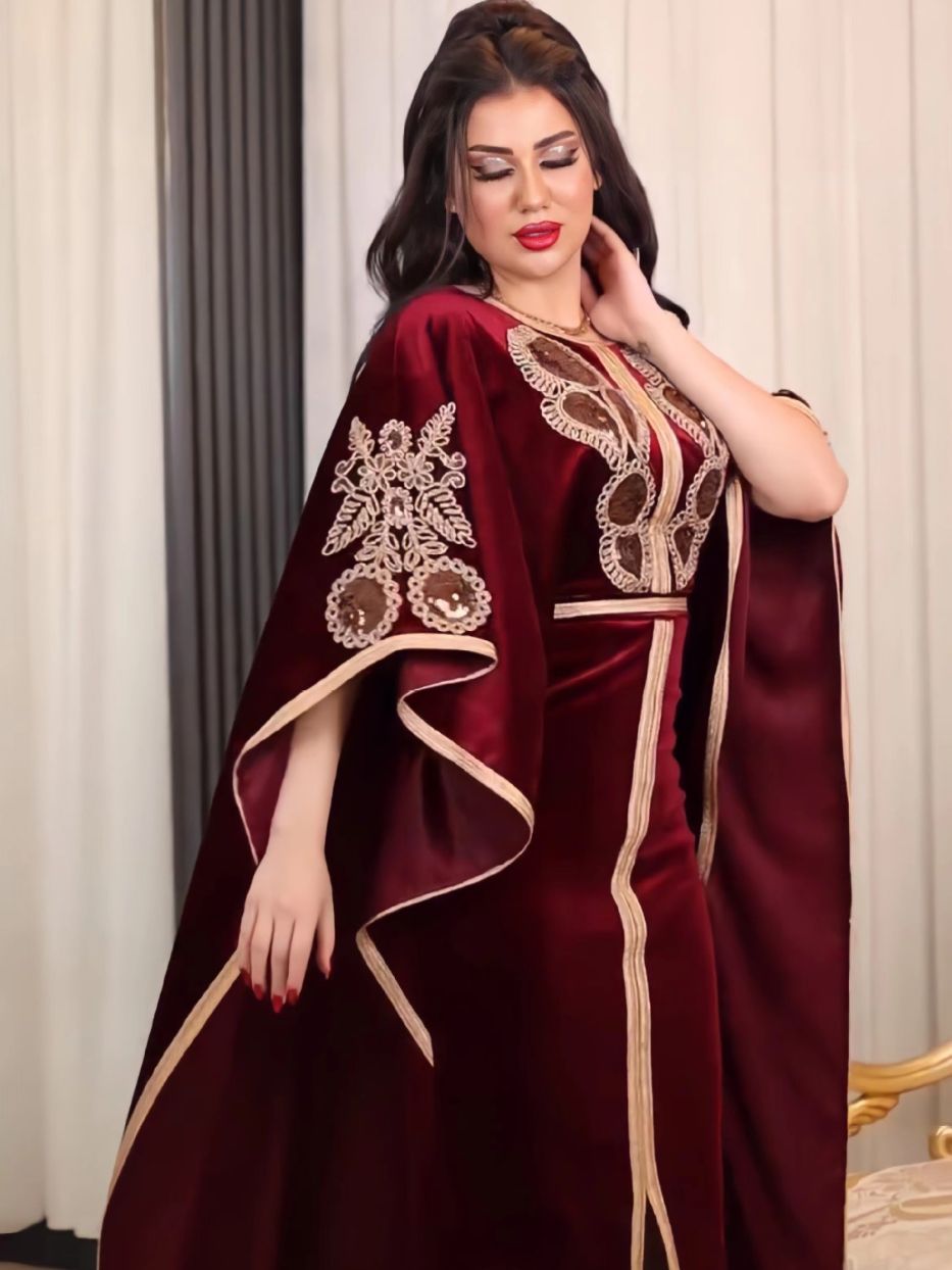 Robe longue marocaine à manches chauve-souris pour le Ramadan, mode musulmane de luxe, robe arabe du Moyen-Orient, paillettes dorées, velours, Turkiye Dubaï