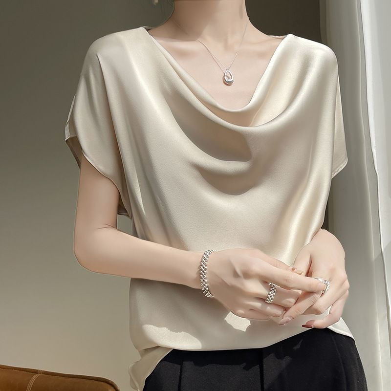 T-shirt en satin de soie Printemps-Été 2026 pour femme, style français, élégant et minimaliste, hauts à manches courtes