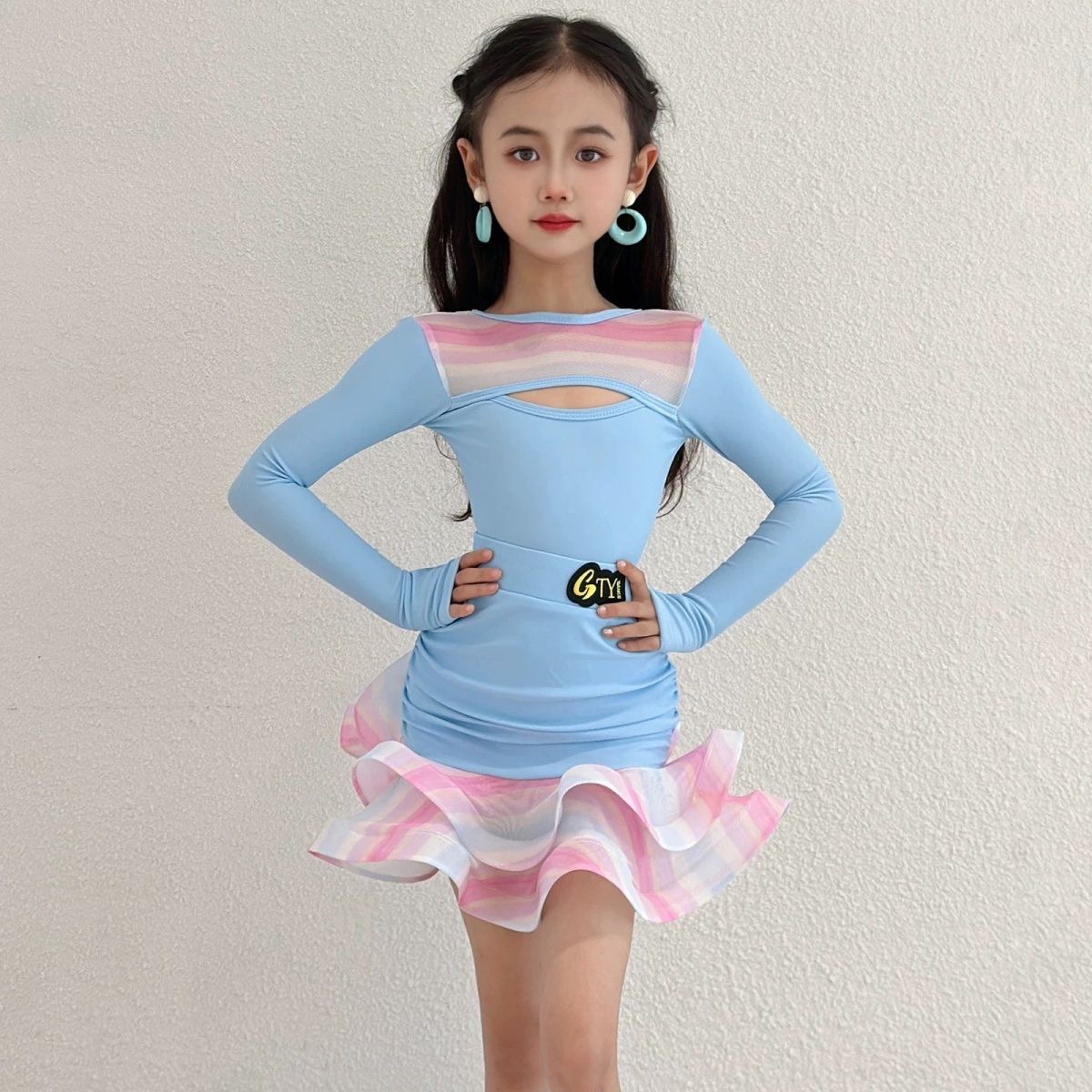 Robe de danse latine bleue, costume de danse, costume de scène, manches longues, costume de performance, vêtements de danse en ligne, nouveau produit 2025, danse