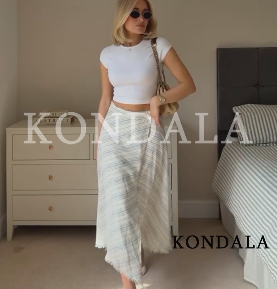 Jupe midi rayée élégante et décontractée KONDALA pour femme – Collection été 2026 – Tendance vacances – Ourlet brut – Simple, polyvalente et asymétrique