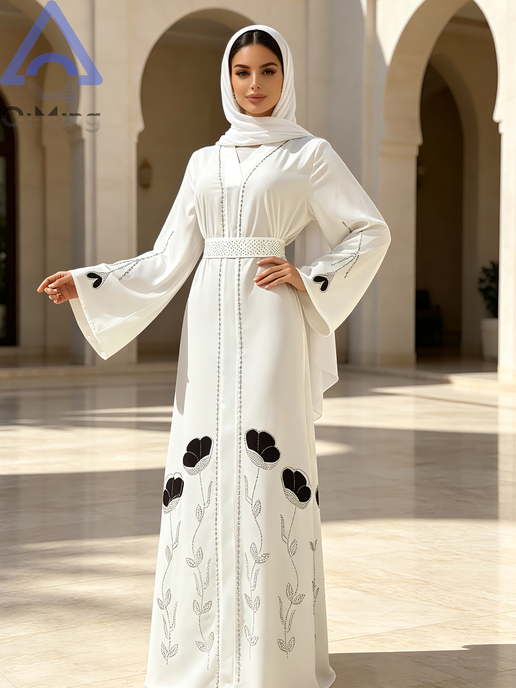 Abaya de Luxe Noire pour Femmes Musulmanes QiMing, Kaftan de Dubaï avec Strass, Jalabiya Marocaine Florale Modeste, Ceinture Élégante, Robe de Soirée Islamique