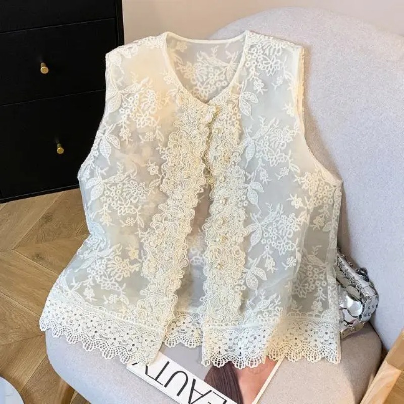 Gilet en dentelle beige pour femme, sans manches, col rond, à volants, boutonné, décontracté, transparent, vêtement d'extérieur