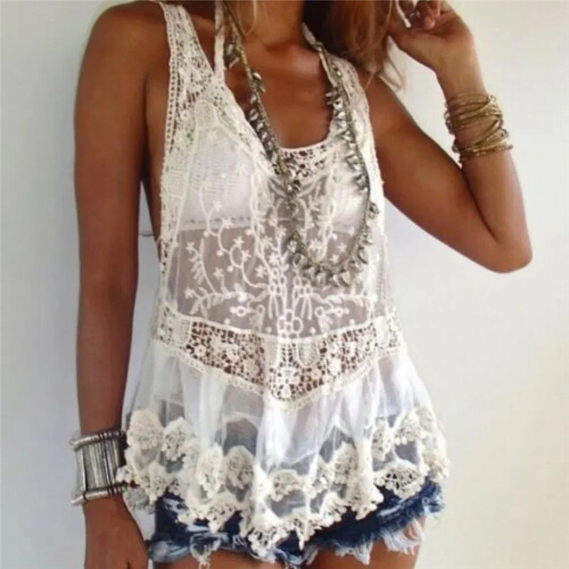 Tunique de plage mi-longue sans manches pour femme, en dentelle florale au crochet, dos nageur, maille transparente, ourlet festonné, style cache-maillot