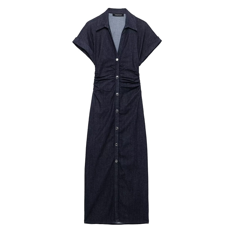 MUJER 2026 Denim robe longue femme bouton plissé robes mi-longues pour femmes à manches courtes jean robe femme printemps robes de vacances
