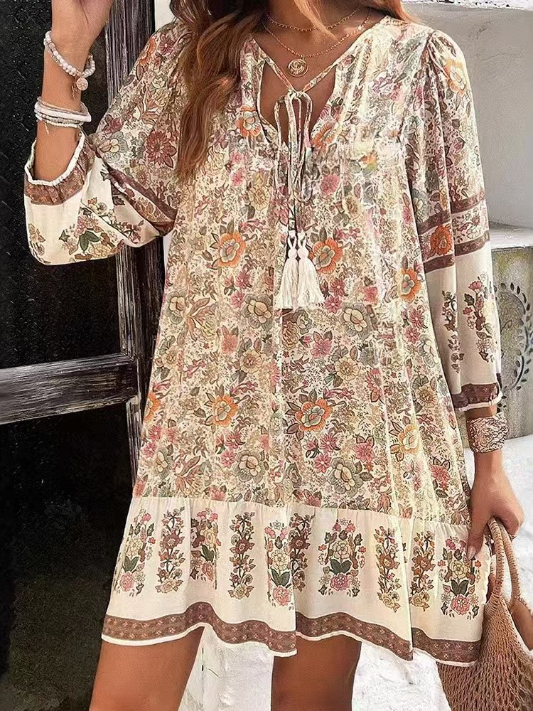 Robe ample imprimée décontractée pour femmes, mode manches longues, col en V, à lacets, Vintage, pull, style Boho, vêtements de vacances pour femmes