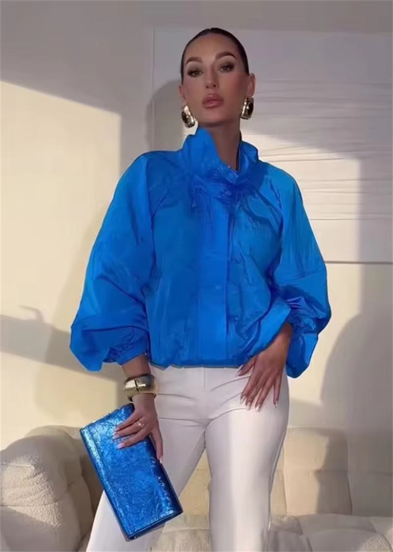 Veste pour femme 2026 Nouvelle collection été – Veste ample en nylon bleu à manches longues, plissée, avec cordon de serrage décoratif, style décontracté et polyvalent