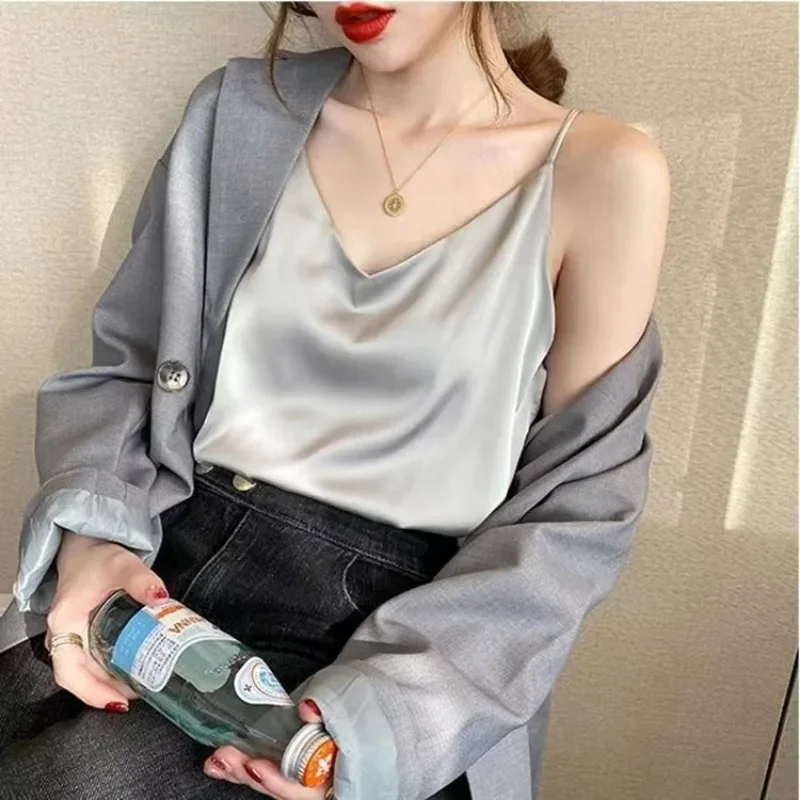 Haut en Satin Long Type Inj-Like pour Femme, Camisole à Bretelles, Sexy, Vert, Blanc, Vintage, Vêtements pour Dame
