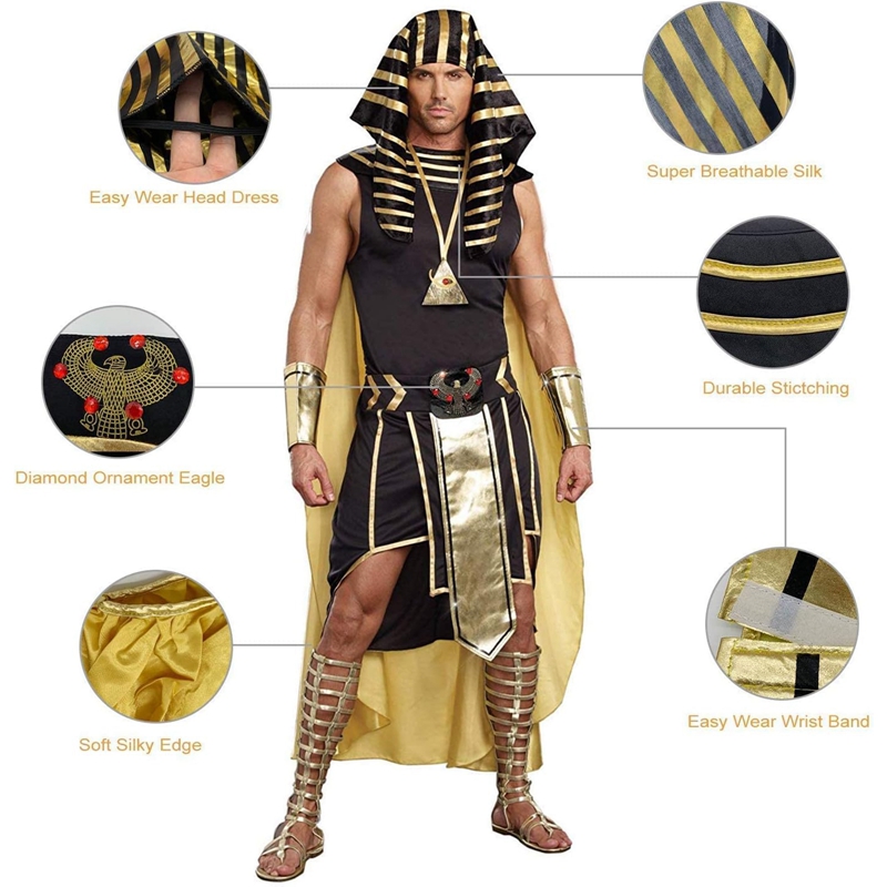 Ensemble de costumes égyptiens pour hommes, 7 pièces, garniture dorée, débardeur, jupe, manches de bras, couvre-chef, collier, tenues de Cosplay d'halloween