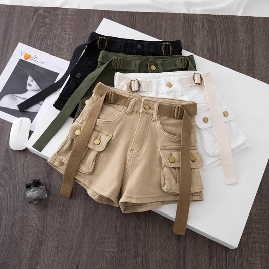 Shorts en jean kaki décontractés taille haute pour femme – Nouveau style américain, shorts polyvalents et élégants pour l'été