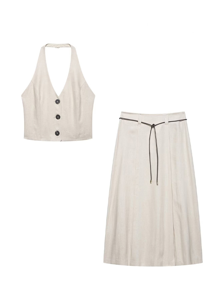 HH femmes jupe ensemble col en v simple boutonnage solide court gilet haut + mode taille haute fermeture éclair ourlet fendu ceinture conception jupe Midi