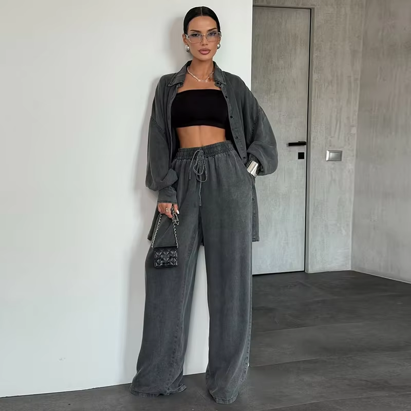 Nouvel ensemble décontracté automne pour femme : chemise ample en jean et pantalon long, style européen et américain