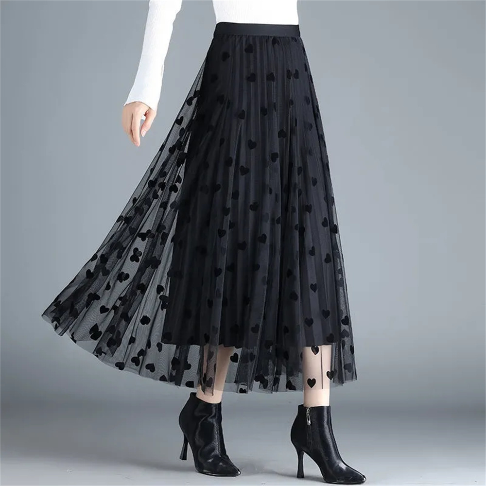 Jupe longue en maille floquée pour femme, style coréen, jupe midi en tulle à fleurs, taille haute, vintage, noire, à pois, pour l'été et l'automne