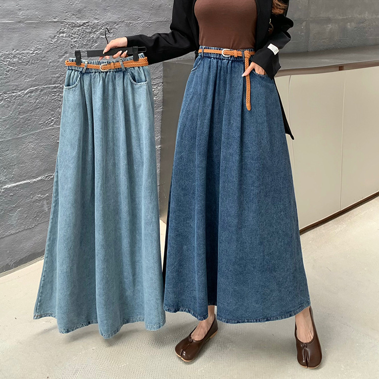 Jupe longue évasée en jean délavé style rétro pour femme, taille élastique, printemps-automne