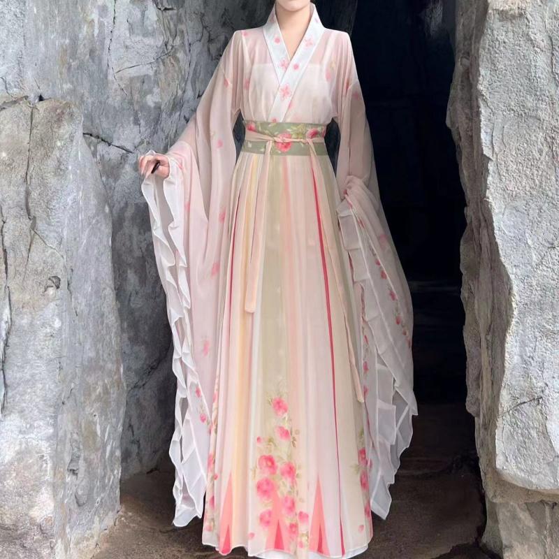 Ensemble de robe Hanfu de la dynastie WeiJin de style chinois pour femmes, robe longue dégradée, imprimé floral élégant traditionnel, cosplay féminin imbibé