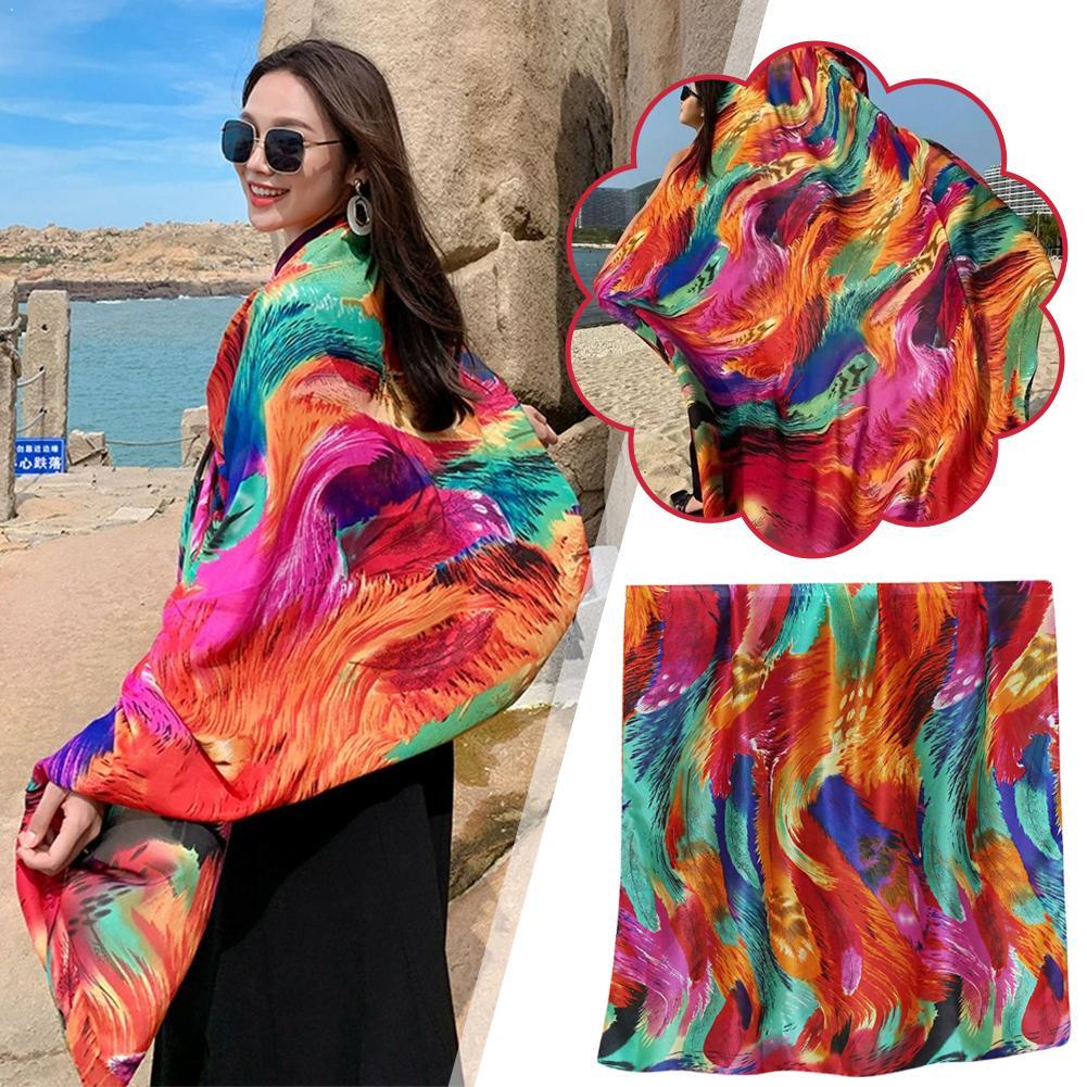 Sarong de plage coloré à imprimé plumes pour femme, grand châle en mousseline de soie anti-UV, écharpe de couverture pour bikini, idéal pour les voyages et la plage