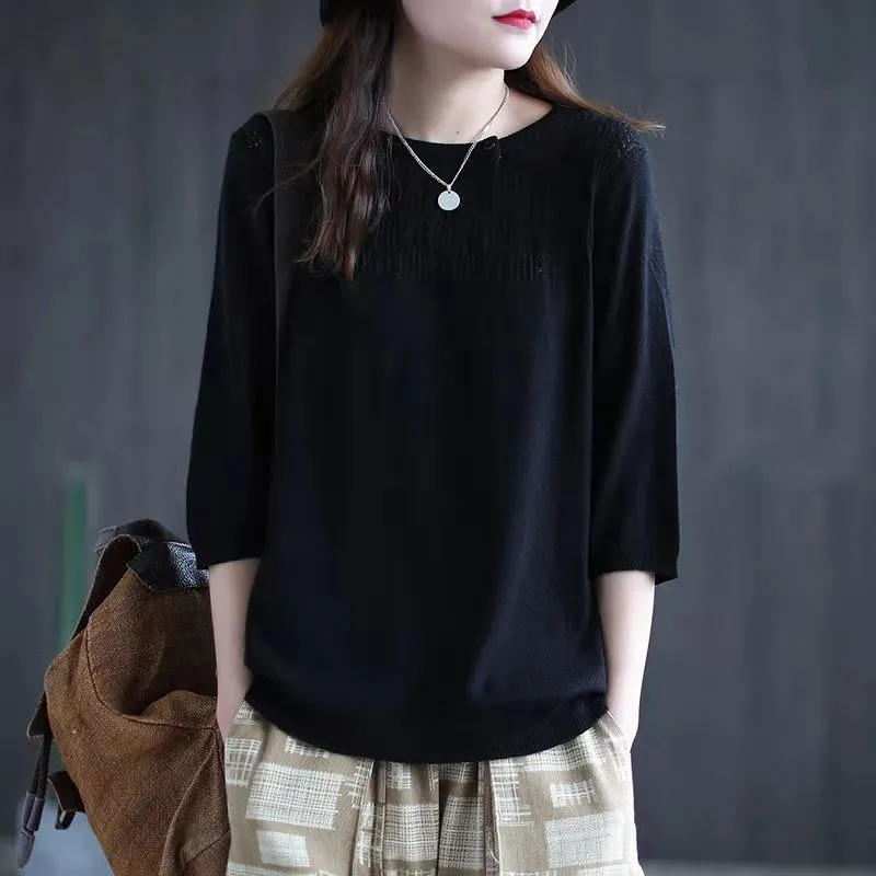 T-shirt Femme Col Rond Trois-quarts Décontracté Uni Nouvelle Collection Été – Haut Ample Tendance pour le Bureau