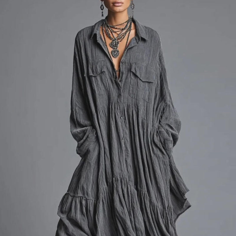 Robes décontractées pour femmes, nouvelle collection vintage, unie, ample, plissée, style bohème, longue, printemps 2026, robe maxi chemise à manches longues et col à revers boutonné