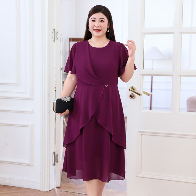 Robe midi à volants pour femmes grandes tailles, couleur unie, manches courtes, col rond, robe de soirée élégante
