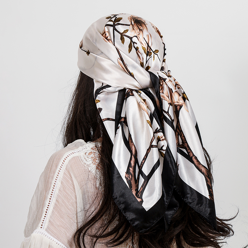 Foulard carré en Satin de soie pour femmes, imprimé floral, châle, mode, bandeau pour dames, bandes de cheveux, enveloppes, Hijab, Bandana, 90cm