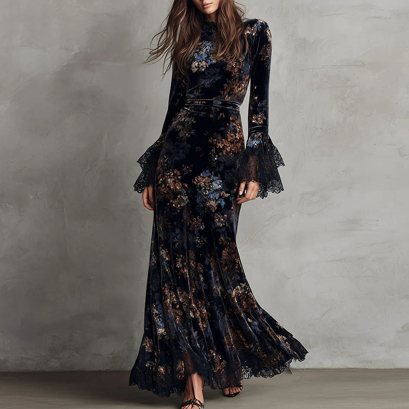 Robe longue en velours à imprimé floral rétro BWQ pour femme, robe de soirée sexy à col rond et taille haute, robe maxi à manches longues et dentelle pour l'automne