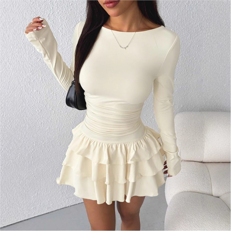 Robes de tempérament 2025 femme Mini robes Style Simple élégant français moulante mince plissé mode à manches longues déplacements Sexy