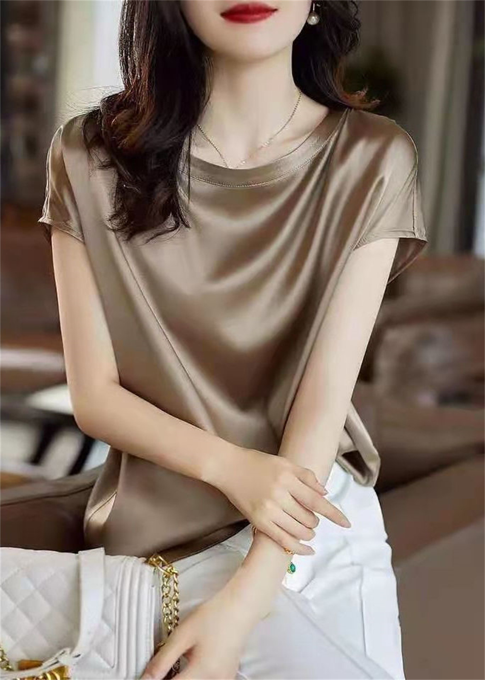 Chemises en satin de soie pour femmes, t-shirts à manches courtes lisses et brillants, chemisiers pull décontractés, amples et élégants, hauts de travail