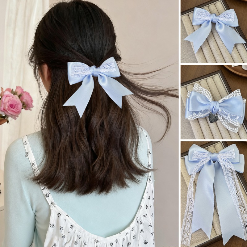 Barrette à cheveux en satin bleu clair avec nœud en dentelle et pendentif cœur pour femme, idéale pour le quotidien, les tenues Lolita, les rendez-vous et les fêtes