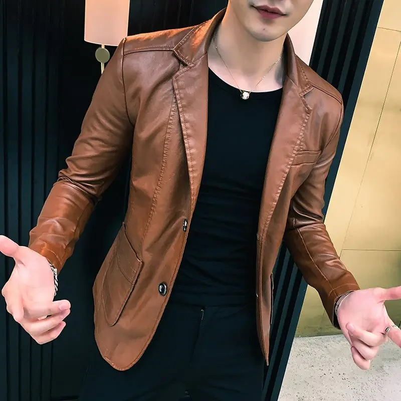Blazer en cuir de style coréen pour hommes, vêtements de printemps à simple boutonnage, vestes trempées pour hommes, créateur de luxe, haute qualité, simple, nouveau manteau