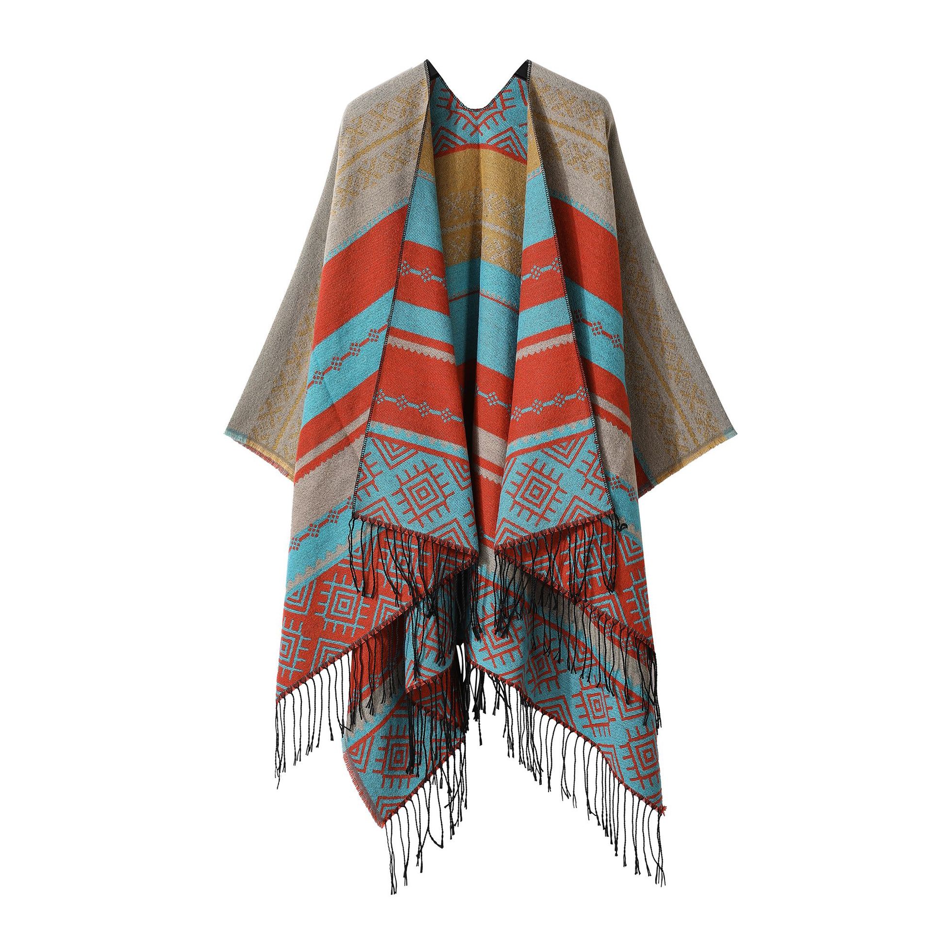 Écharpe de style ethnique vintage pour femme, poncho fendu, châle chaud, cape à pampilles en cachemire, manteau chaud Everak, nouveau