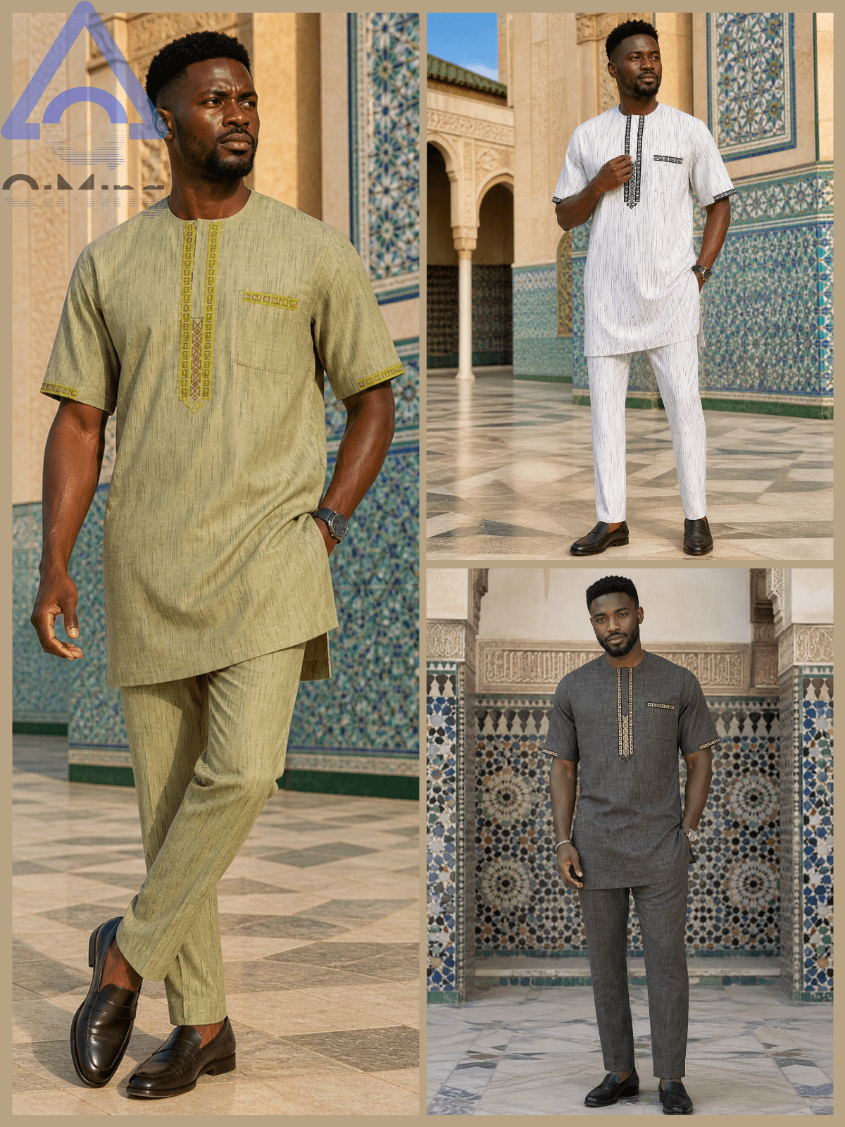 Vêtements de mariage musulmans pour hommes QiMing, ensemble deux pièces en coton blanc, boubou brodé et caftan rayé, tenue de prière modeste marocaine