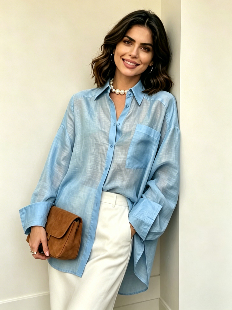 Chemisier ample bleu tendance 2026 pour femme, chemise élégante à revers et manches longues, hauts classiques unis, vêtements féminins