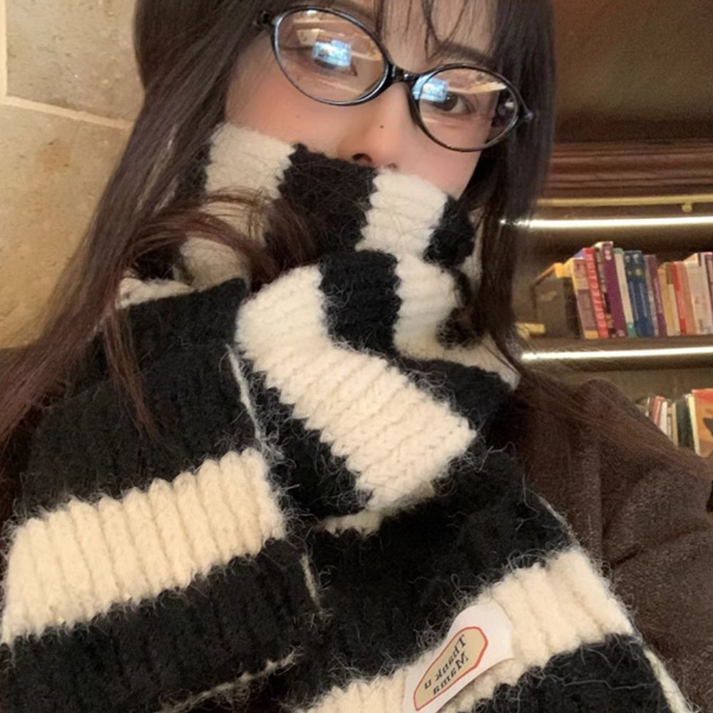 Y2K – écharpe en laine tricotée à rayures noires et blanches pour femme, écharpe rétro d'hiver, mode coréenne, fine et étroite, longue, épaisse