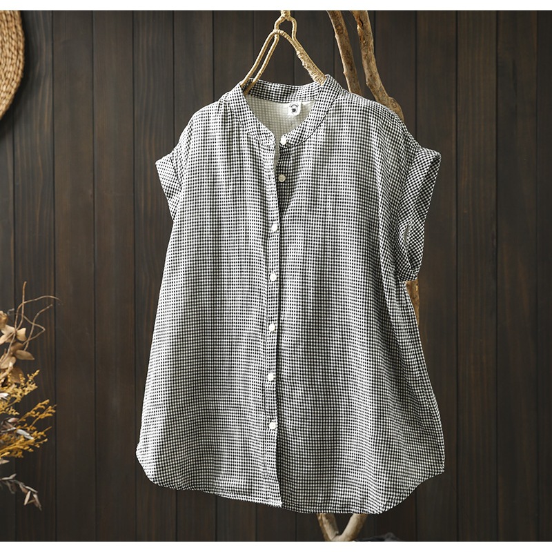 Vêtements d'été pour femmes 2026, style japonais, 100% coton, chemises à carreaux décontractées, manches courtes, chemisiers respirants