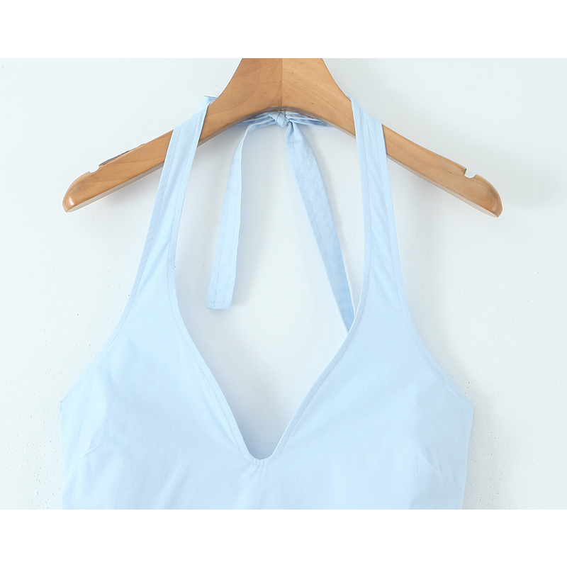 YENKYE nouveau élégant bleu licou Midi Robe longue femmes Sexy dos nu col en V profond taille basse a-ligne robes Robe de soirée 2025