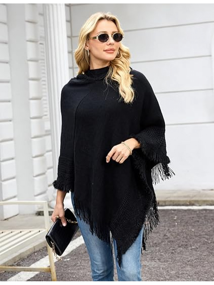 Cape à capuche pour femme avec ourlet à franges, motifs chauds de tricot poncho au crochet pour femme, style gothique à la mode