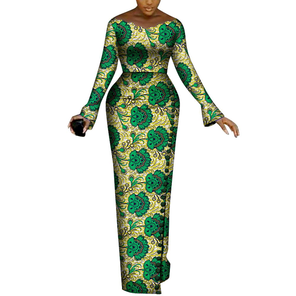 BRW-Robes africaines à manches longues pour femmes, robes de soirée, imprimé africain, boutons de sirène, vêtements pour femmes, WY8240