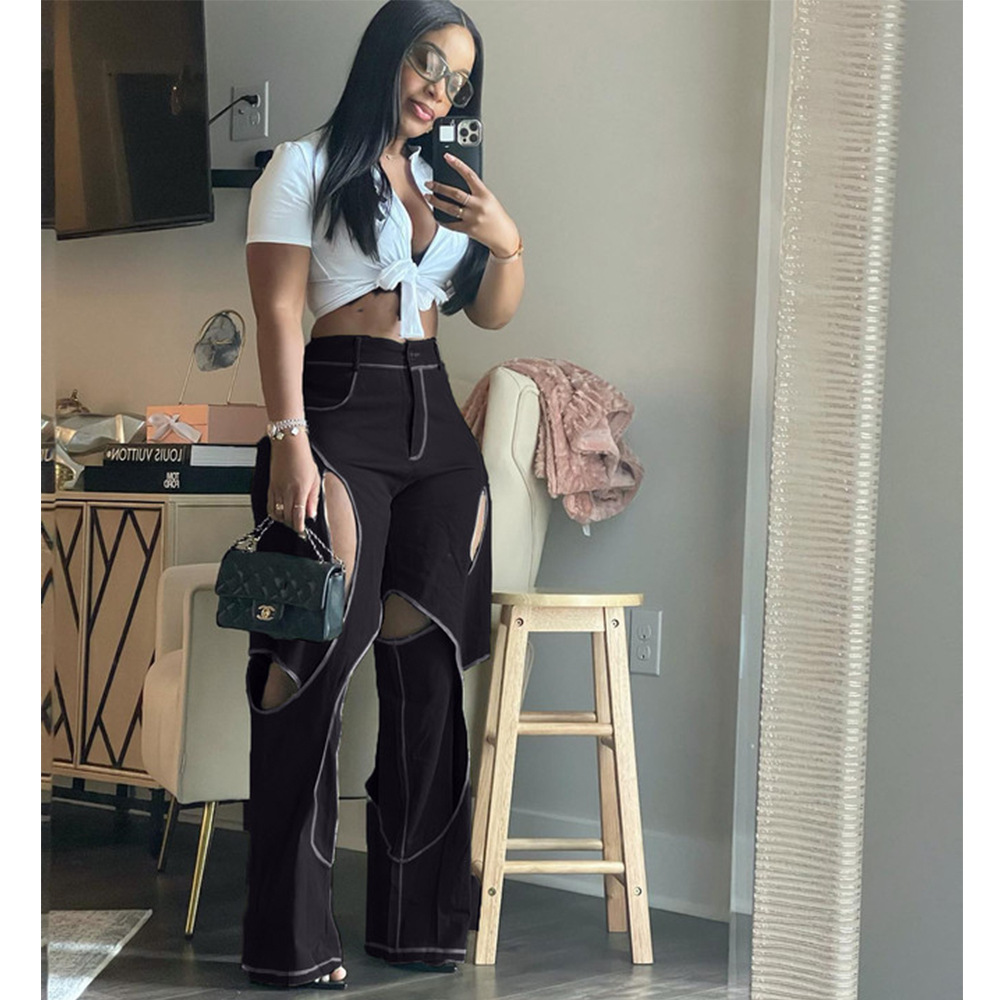 Pantalon Femme Ample Long Vintage Coupe Slim Taille Haute Droit Évidé Y2K Streetwear Sexy Élégant Travail 2026