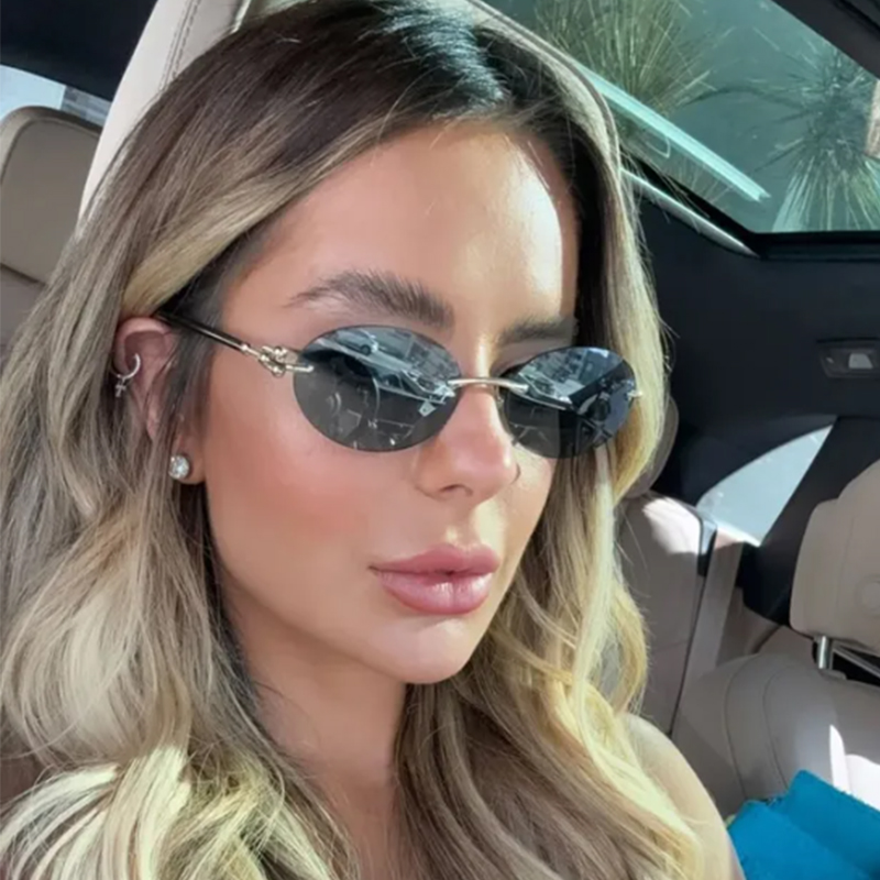 Lunettes de soleil ovales sans cadre pour femmes, marque de luxe, mode, petite monture métallique, rondes, sans bords, nuances élégantes, UV400